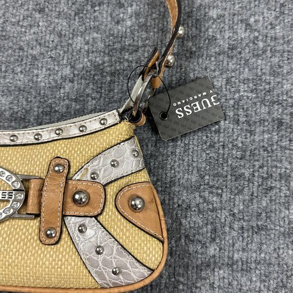 Vintage Guess Raffia Shoulder Bag Yellow Baguette Rhinestone Y2K 90s 2000s - Picture 3 of 14